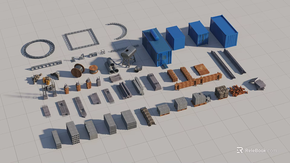 Modular Construction Components With Blue Containers Gray Modules And Wooden Parts 3d model 