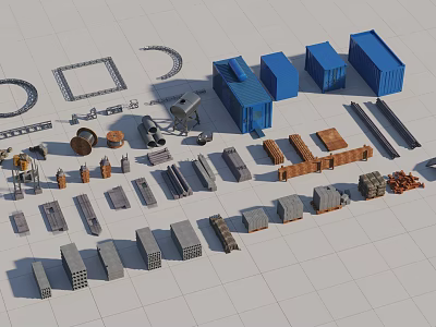 Modular Construction Components With Blue Containers Gray Modules And Wooden Parts 3d model