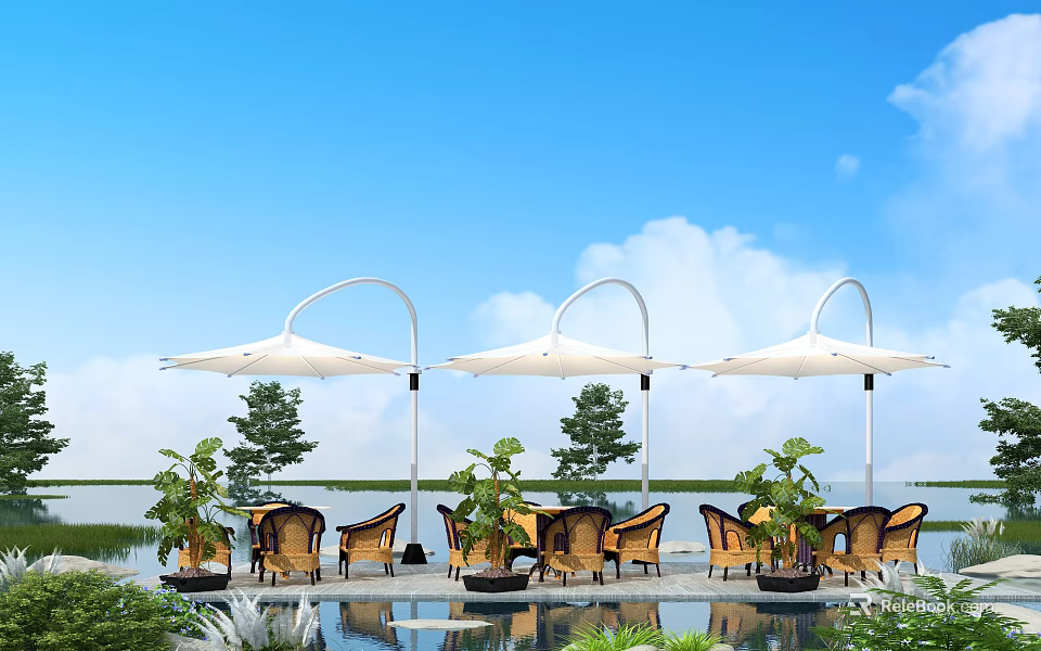 Outdoor Table with Brown Chairs White Umbrellas Green Plants Water View and Blue Sky 3d model 