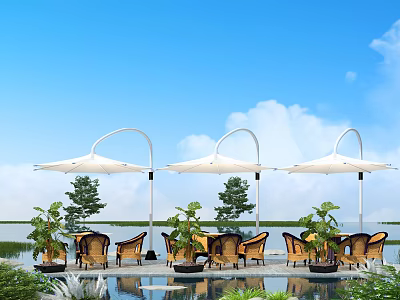 Outdoor Table with Brown Chairs White Umbrellas Green Plants Water View and Blue Sky 3d model