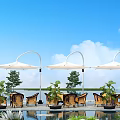 Outdoor Table with Brown Chairs White Umbrellas Green Plants Water View and Blue Sky