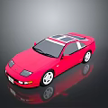 Red Two Door Sports Car With White Stripes Shiny Surface And Reflection
