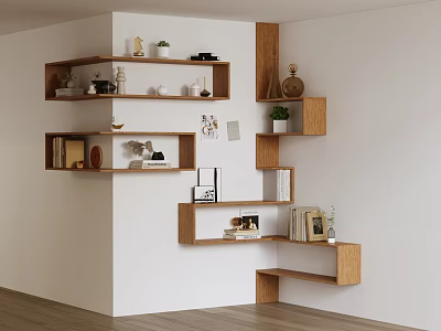 Modern Wall Mounted Wooden Shelving Units With Books Decorative Items and Potted Plants 3d model