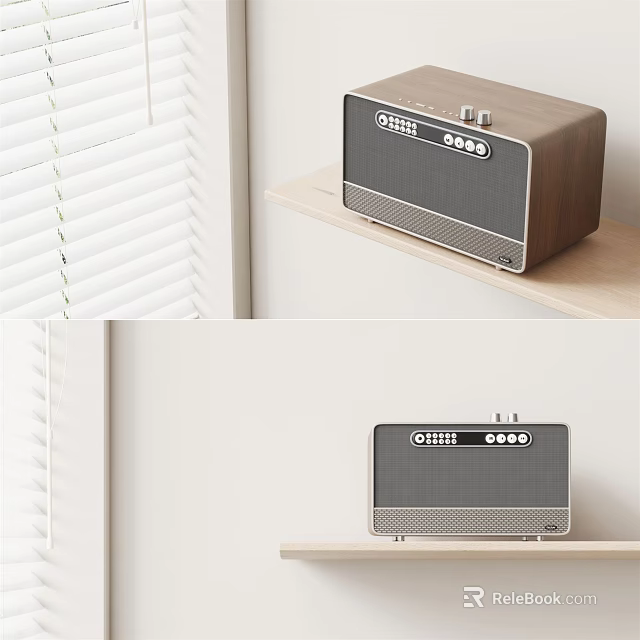 Modern Wooden Wireless Speaker With Retro Design On Shelf Near Window 3d model 