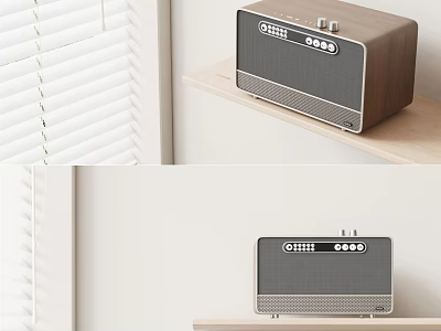 Modern Wooden Wireless Speaker With Retro Design On Shelf Near Window 3d model