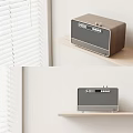 Modern Wooden Wireless Speaker With Retro Design On Shelf Near Window