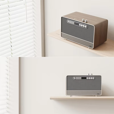 Modern Wooden Wireless Speaker With Retro Design On Shelf Near Window 3d model
