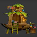 Decorative Wooden Boat Water Vehicle With Leaf Roof Ladder Small Table And Watermelon Decoration