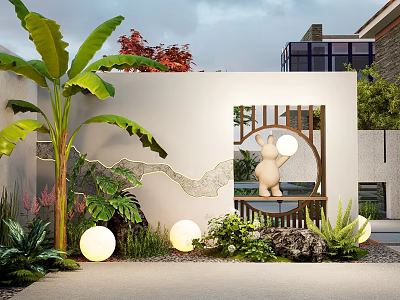 Modern Chinese Garden Landscape With Circular Lattice Window Stone Sculpture Banana Tree And Spherical Lights 3d model