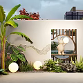 Modern Chinese Garden Landscape With Circular Lattice Window Stone Sculpture Banana Tree And Spherical Lights