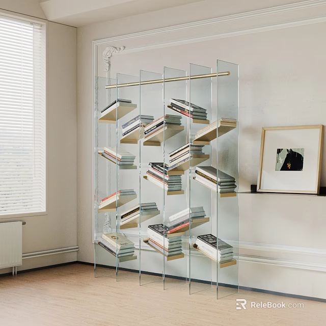 Modern Transparent Glass Bookshelf With Tilted Shelves Stacked Books And Framed Artwork 3d model 