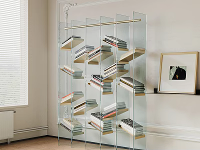 Modern Transparent Glass Bookshelf With Tilted Shelves Stacked Books And Framed Artwork 3d model