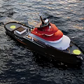 Luxury Black Red Yacht Sailing On Calm Sea With Upper Deck Structure