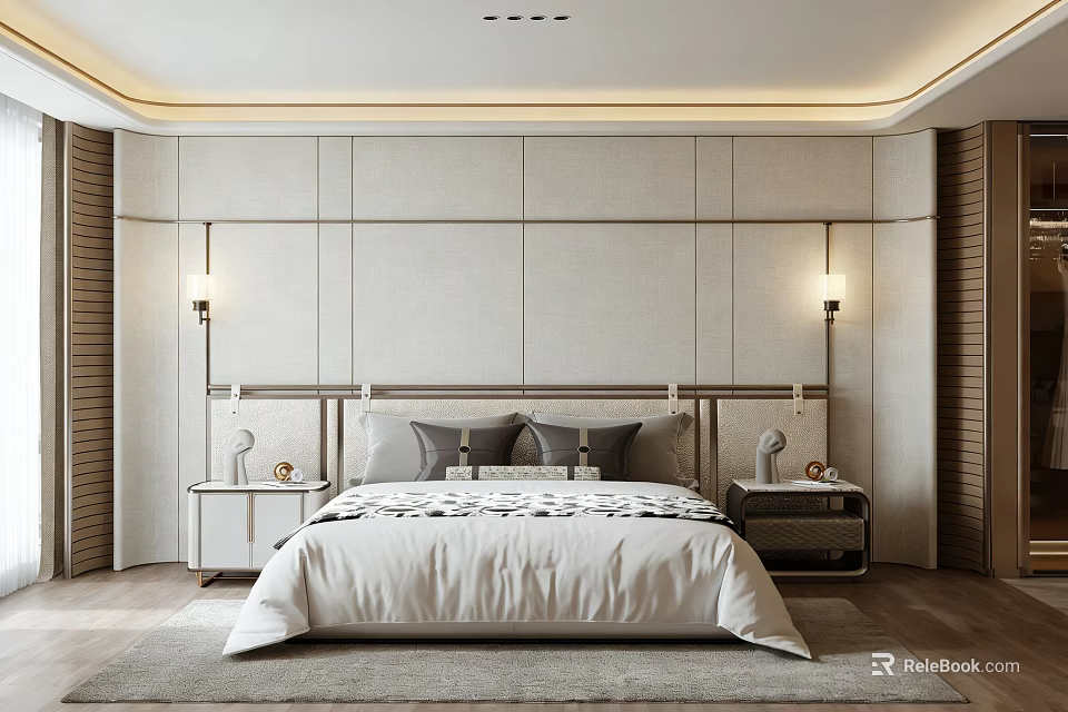 Modern Bedroom Interior With Minimalist Wall Design Neutral Bedding And Side Wall Lamps 3d model 