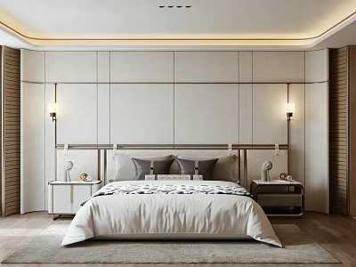 Modern Bedroom Interior With Minimalist Wall Design Neutral Bedding And Side Wall Lamps 3d model
