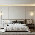 Modern Bedroom Interior With Minimalist Wall Design Neutral Bedding And Side Wall Lamps