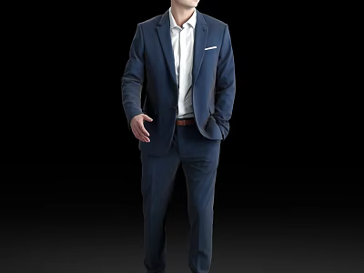 Stylish Man in Blue Suit and White Shirt Standing Against Black Background 3d model