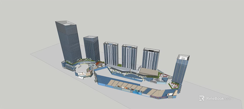 Modern Commercial Complex with Tall Office Towers Retail Mall and Public Spaces 3d model 