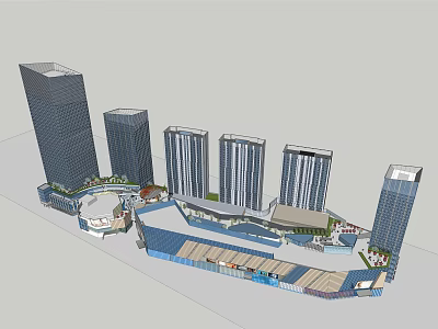 Modern Commercial Complex with Tall Office Towers Retail Mall and Public Spaces 3d model