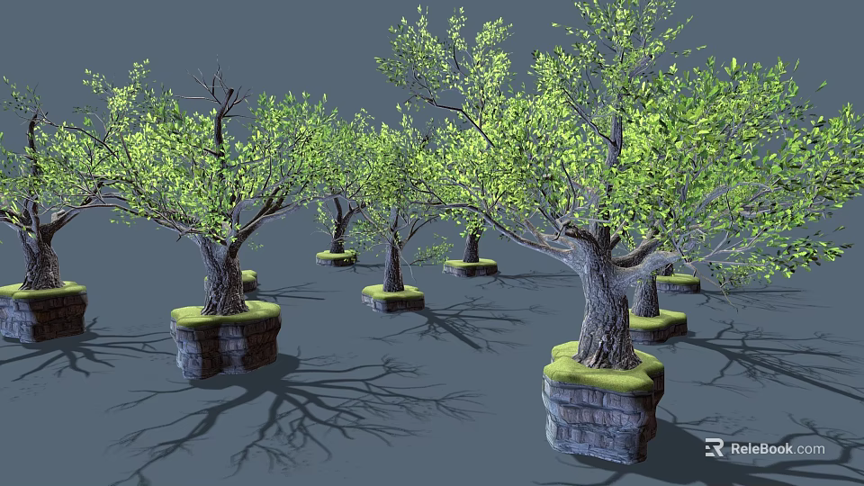 Cartoon Scene Featuring Green Leaf Trees And Mossy Stone Bases 3d model 