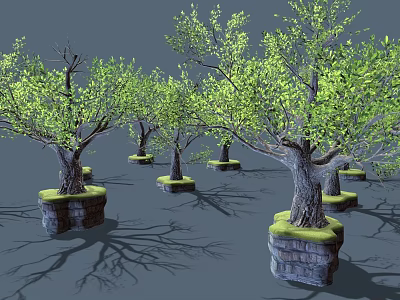 Cartoon Scene Featuring Green Leaf Trees And Mossy Stone Bases 3d model