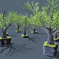 Cartoon Scene Featuring Green Leaf Trees And Mossy Stone Bases 3d model