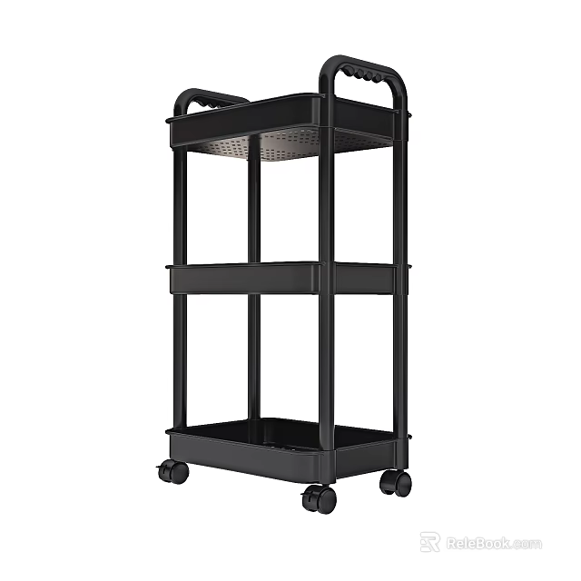 Black Three Tier Mobile Storage Cart With Handle And Wheels For Home Organizing 3d model 