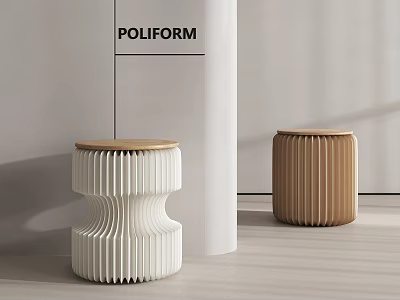 Poliform Modern Stools With White And Brown Pleated Design And Wooden Top In Interior Space 3d model