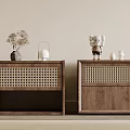 Wooden Entryway Cabinet And Sideboard With Rattan Panels And Decorative Vase Lantern Figurines