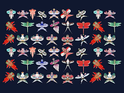 Assorted Colorful Decorative Pendants With Dragonfly Floral And Geometric Shapes 3d model