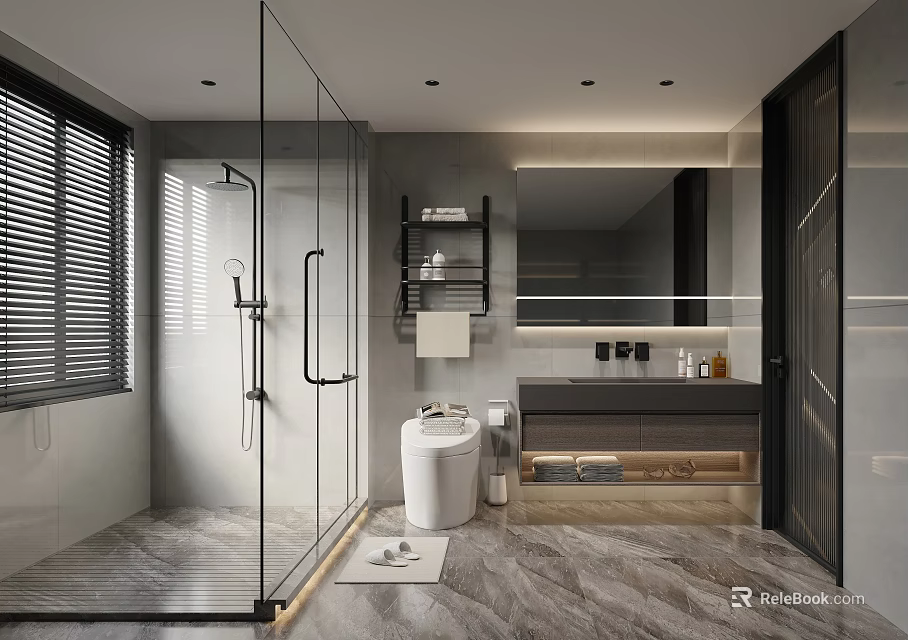 Modern Bathroom Interior Design With Glass Shower Vanity Mirror And Marble Flooring 3d model 