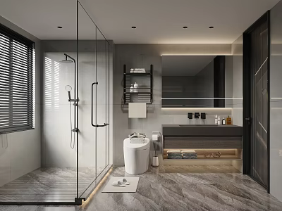 Modern Bathroom Interior Design With Glass Shower Vanity Mirror And Marble Flooring 3d model