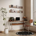 Modern Home Office Workspace Featuring Wooden Desk Laptop Shelves And Potted Plant