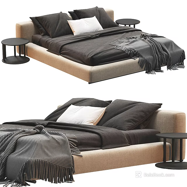 Modern Comfortable Double Bed With Beige Upholstered Frame Gray Linen Sheets And Small Nightstand 3d model 
