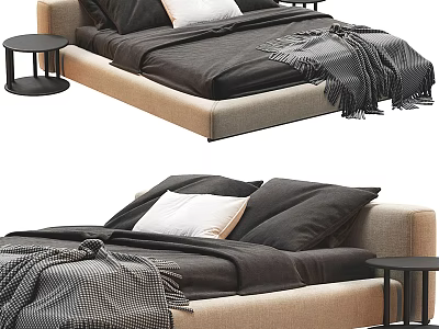 Modern Comfortable Double Bed With Beige Upholstered Frame Gray Linen Sheets And Small Nightstand 3d model