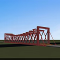 Red Truss Bridge Structure Under Blue Sky With Green Grass And Water 3d model