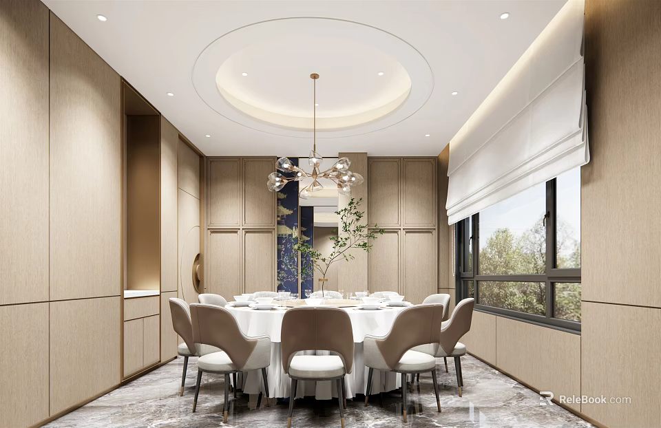 Elegant Private Dining Room Interior With Round Table White Chairs Chandelier And Wooden Walls 3d model 