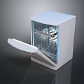 White Dishwasher With Open Door Showing Interior Racks And Storage Compartments