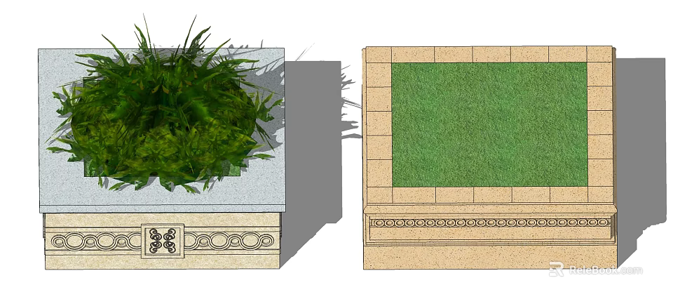 Decorative Tree Planter Design With Green Plants And Stone Base Details 3d model