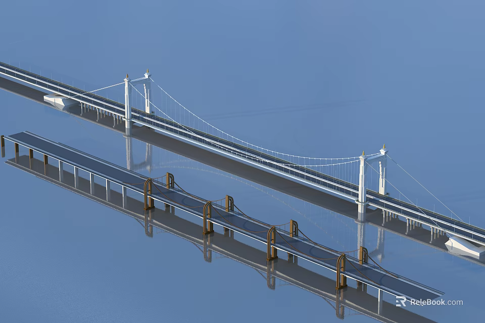 Modern Suspension Bridge Over Water With Cable Towers And Reflection On Surface 3d model 