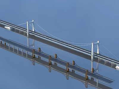 Modern Suspension Bridge Over Water With Cable Towers And Reflection On Surface 3d model