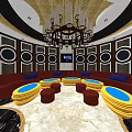 Elegant KTV Lounge Interior With Round Sofas Yellow Tables Chandelier And Circular Wall Decor
