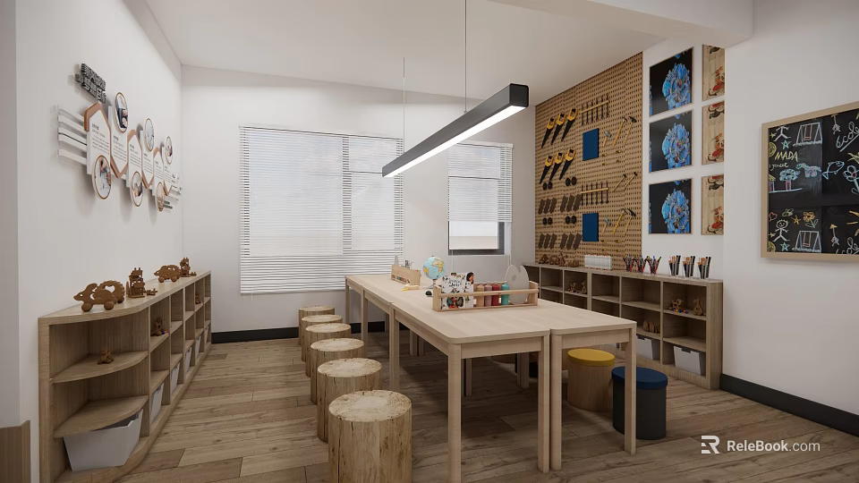 School Bright Craft Classroom With Wooden Tables Stump Stools Student Artworks And Display Shelves 3d model 
