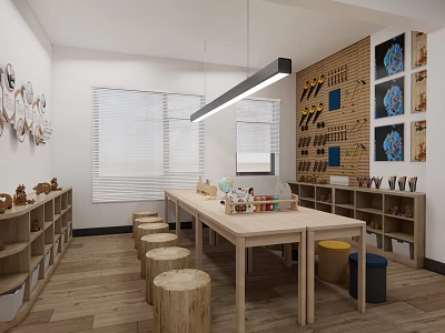 School Bright Craft Classroom With Wooden Tables Stump Stools Student Artworks And Display Shelves 3d model