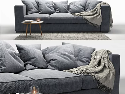 Gray Upholstered Three Seater Sofa With Pillows Blanket And Side Table On Rug 3d model
