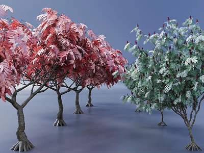 Arbor Trees With Red And Green Foliage And Textured Trunks In Landscape 3d model