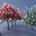 Arbor Trees With Red And Green Foliage And Textured Trunks In Landscape
