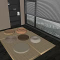 Round Fabric And Woven Cushions On Woven Mat In Modern Room Interior