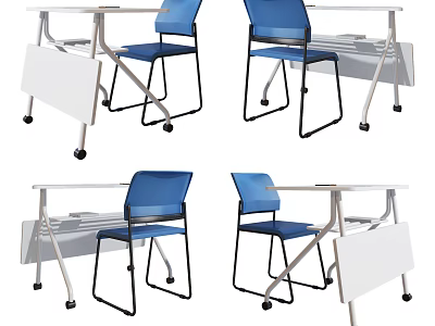 Modern Foldable Office Desk With Blue Chair And Mobile Wheels White Top 3d model