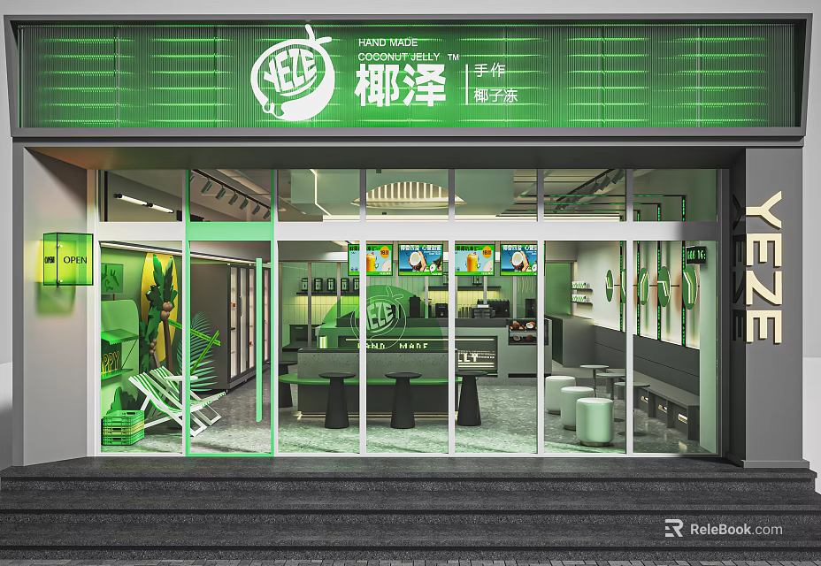 Modern Green Bubble Tea Shop With Bright Storefront Drink Display And Indoor Seating 3d model 